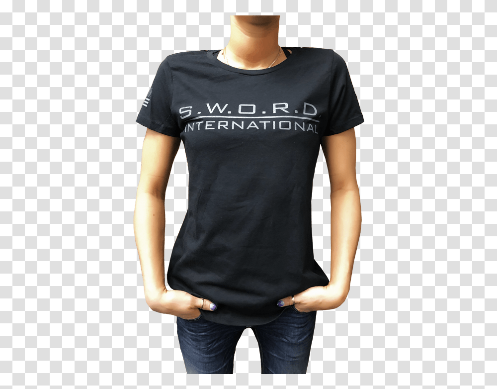 Womens Sword Logo T Shirt Sword International Active Shirt, Clothing, Apparel, T-Shirt, Person Transparent Png