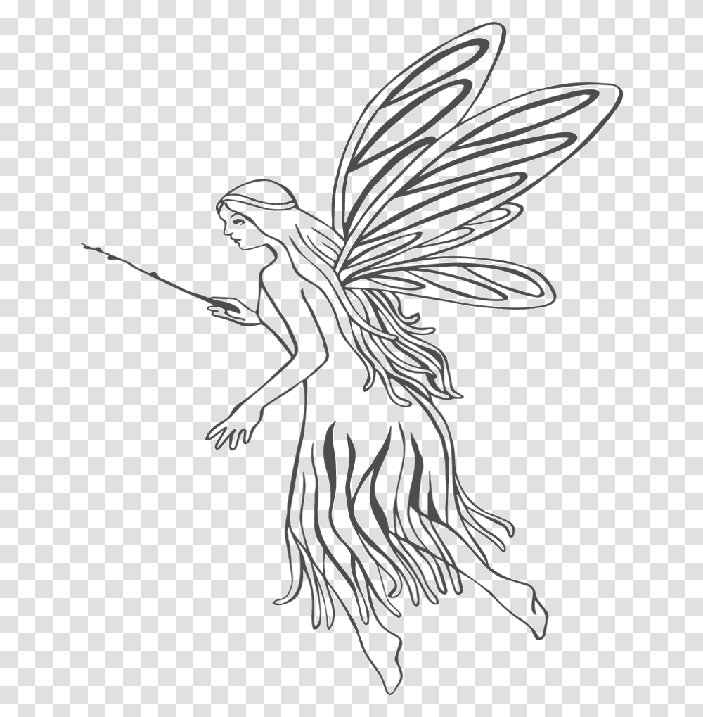 Wonderful Outline Fairy In Nice Dress Tattoo Design Fairy, Animal, Insect, Invertebrate, Bird Transparent Png