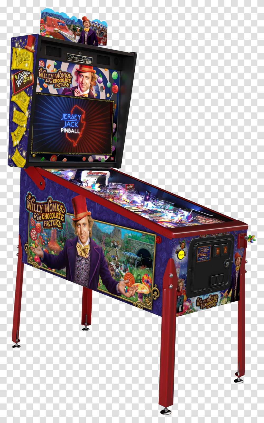 Wonka Ce Cabinet Left Willy Wonka Pinball Machine, Person, Human, Arcade Game Machine, Monitor Transparent Png