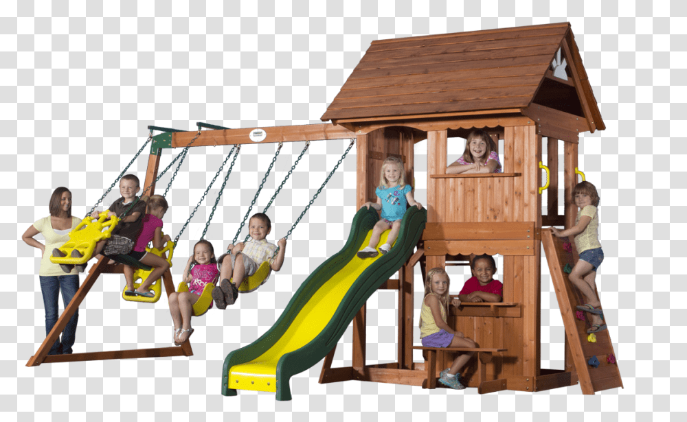 Wood Swing Set With Slide And Glider Download Swing, Person, Human, Toy, Play Area Transparent Png