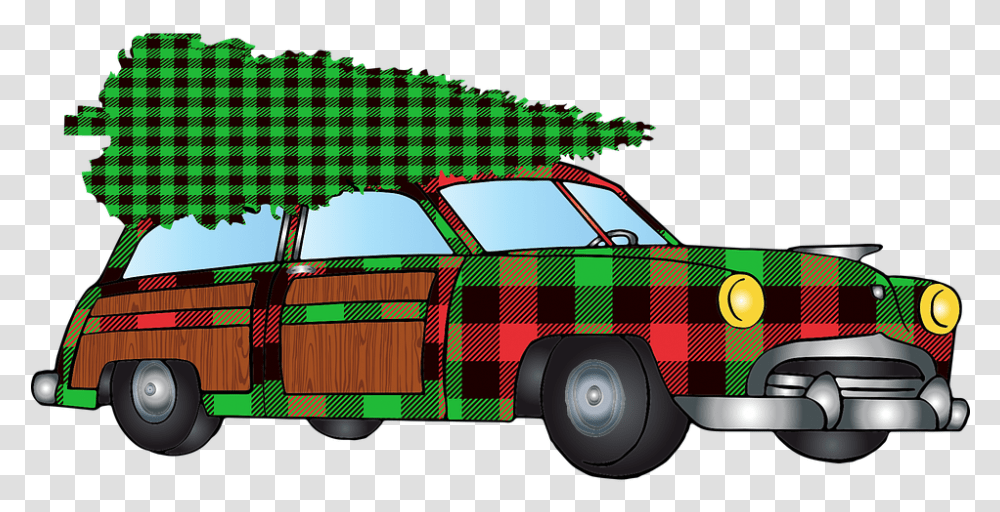 Woody Car Christmas Car Buffalo Plaid Christmas Car, Fire Truck, Vehicle, Transportation, Pickup Truck Transparent Png