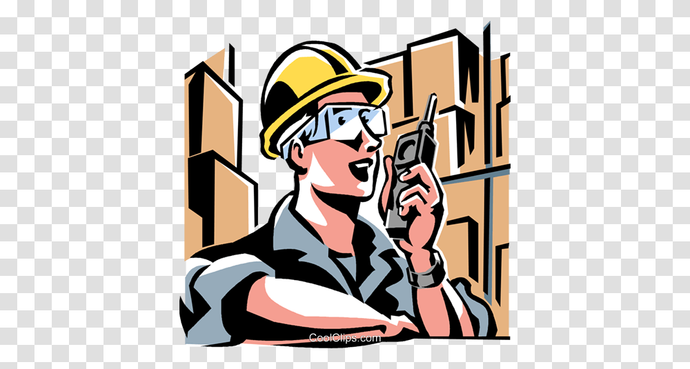 Worker Talking On A Walkie Talkie Royalty Free Vector Clip Art, Helmet, Apparel, Person Transparent Png