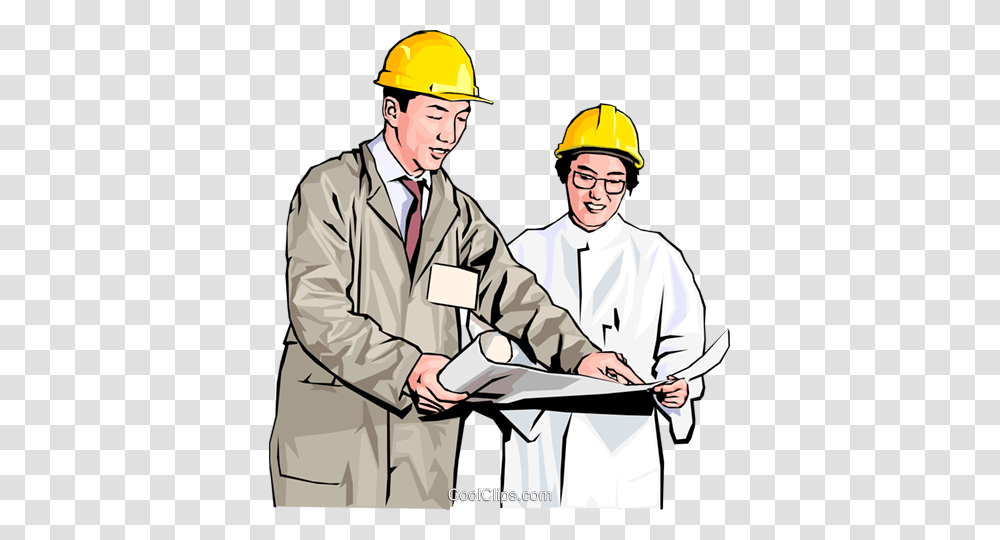 Workers In Hard Hats Discussing Plans Royalty Free Vector Clip Art, Person, Human, Apparel Transparent Png