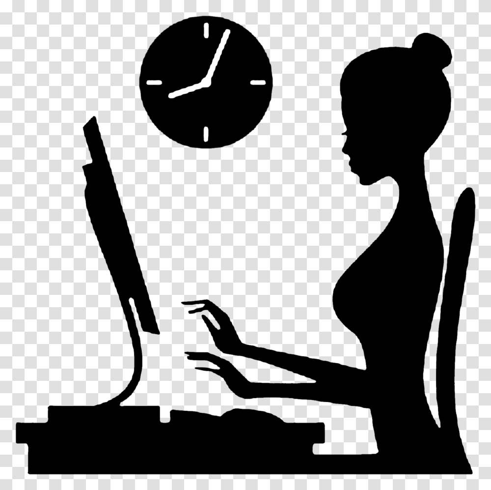 Working Woman Vector Clipart Download Lady At Computer Clipart, Analog Clock, Wall Clock Transparent Png