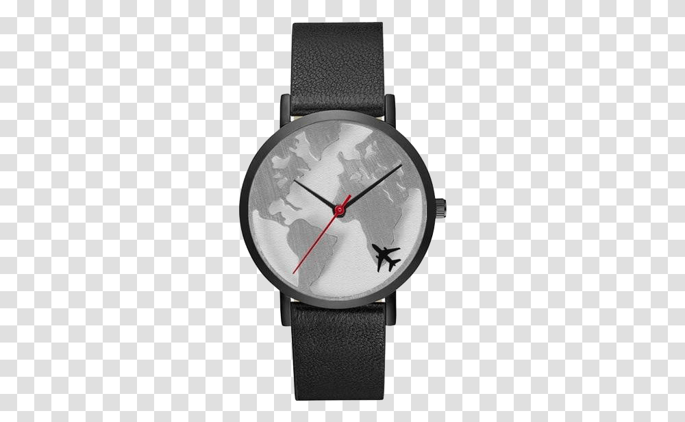 World Map Unisex Watch With Black Leather Strap Watch, Wristwatch, Analog Clock Transparent Png