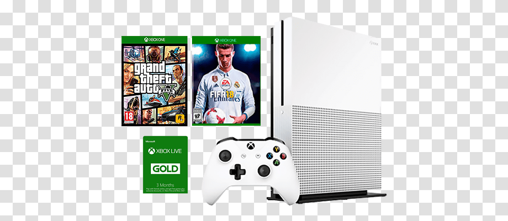 Xbox One S 1tb Console Gta V Fifa 18 3 Months Live Xbox One S 1 Tb, Person, Electronics, Soccer Ball, Football Transparent Png