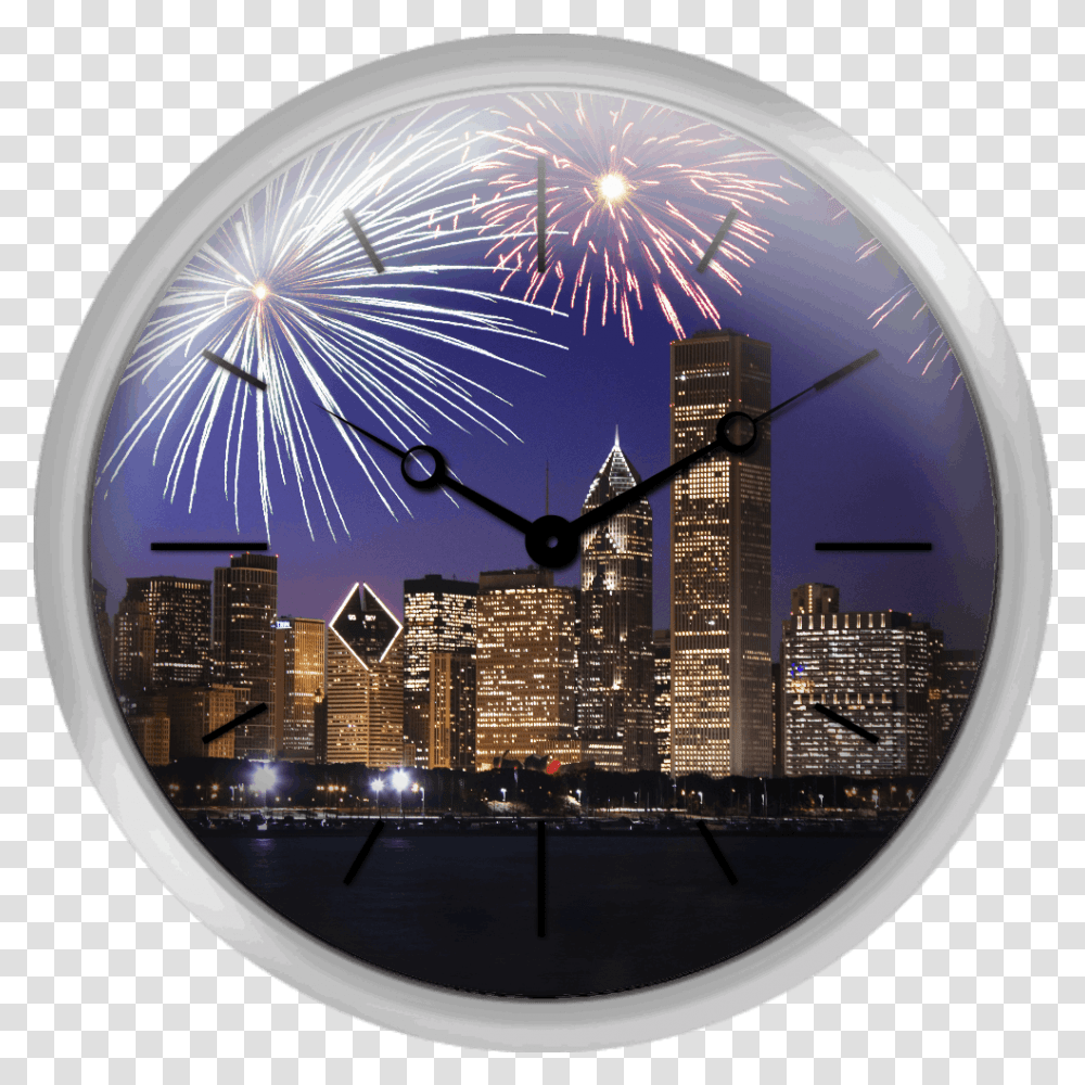 Xpress Clocks Gallery Fireworks Over Chicago Skyline 4th Of July Chicago, Window, Fisheye, Outdoors, Nature Transparent Png