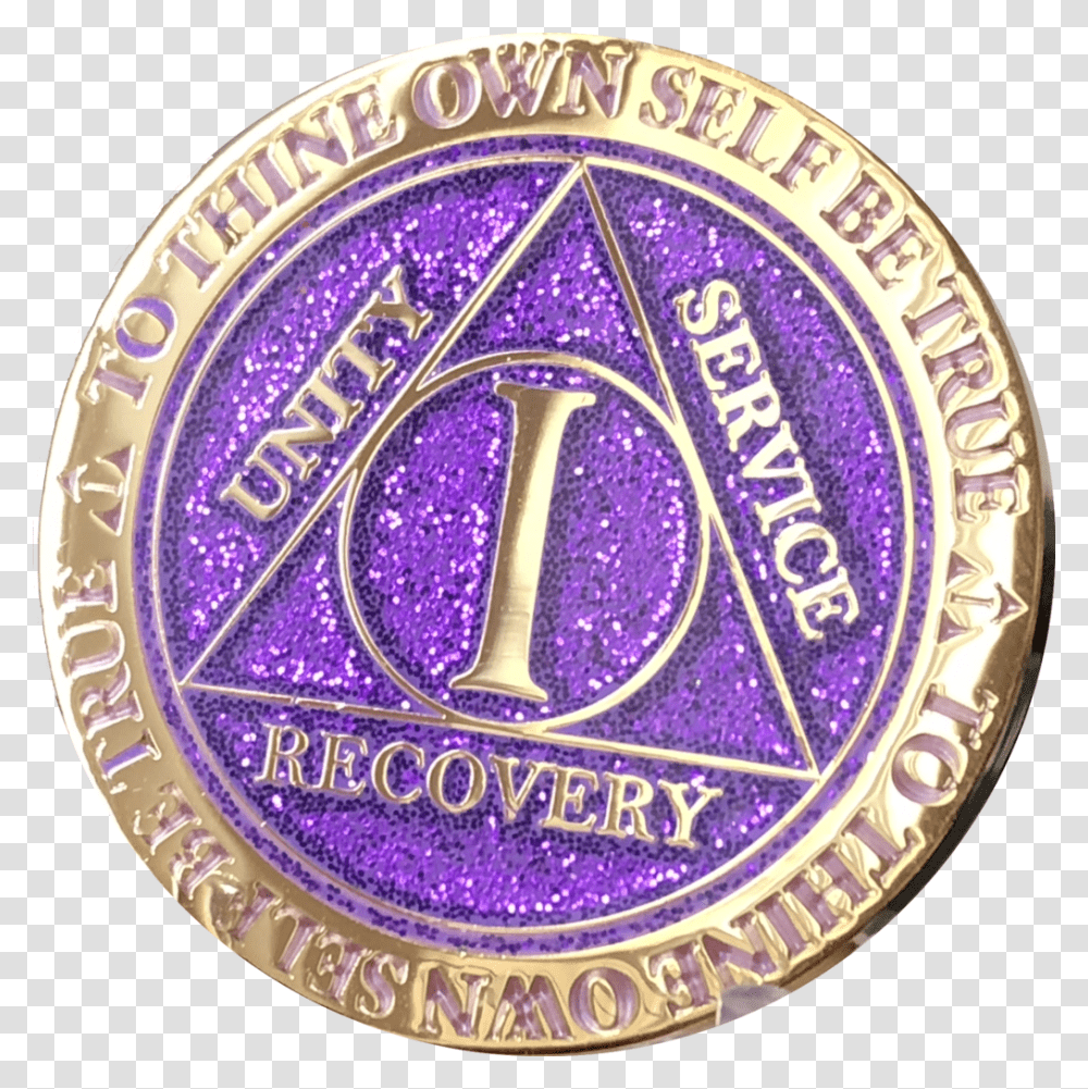 Year Aa Medallion Reflex Glitter Purple Gold Plated Sobriety Coin, Logo, Trademark, Badge Transparent Png