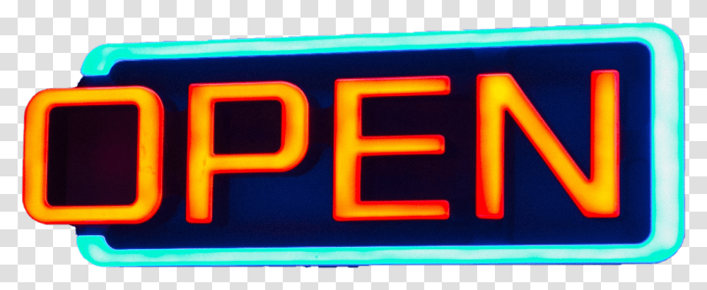 Yellow And Teal Open Neon Sign Neon, Light, Train, Vehicle, Transportation Transparent Png