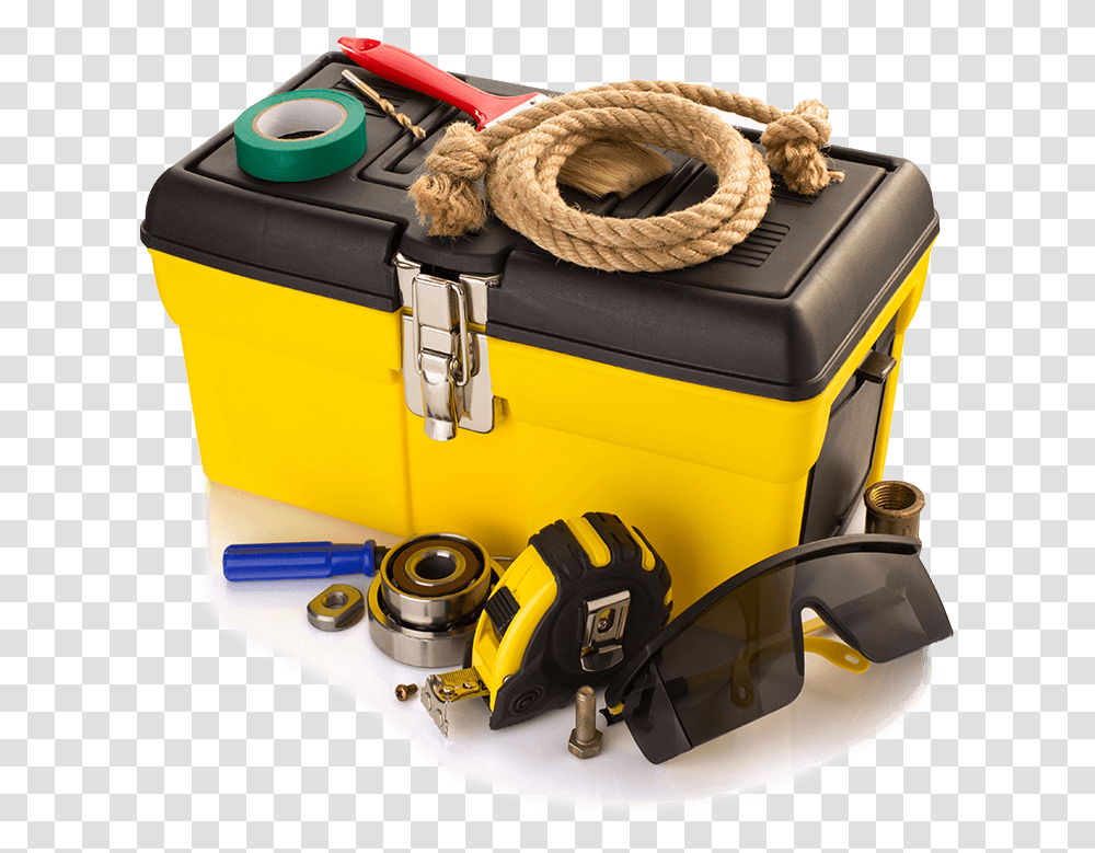 Yellow Box With Various Construction Tools Tools And Supplies, Appliance, Steamer, Cooler, Vacuum Cleaner Transparent Png