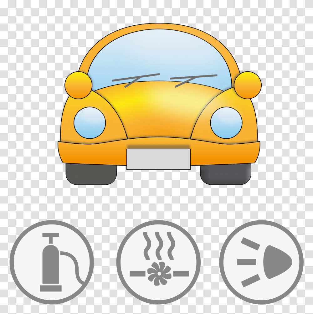 Yellow Car With Symbolic Signs For Safety Icons, Vehicle, Transportation, Automobile, Taxi Transparent Png
