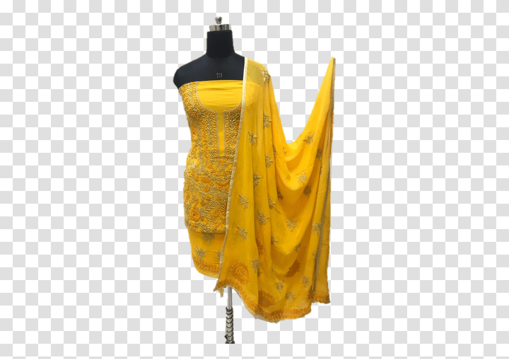 Yellow Hand Embroidered Phulkari Pure Georgette Dress, Apparel, Sari, Silk Transparent Png