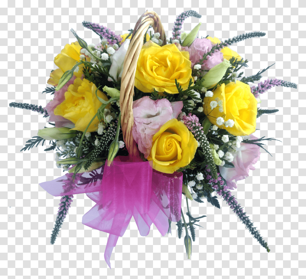 Yellow Roses And White Lisianthus Flower Basket Floribunda, Plant, Flower Bouquet, Flower Arrangement, Blossom Transparent Png