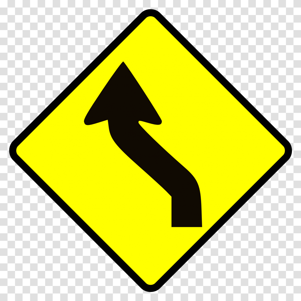 Yellow Sign With Black Arrow Reverse Curve To Left, Symbol, Road Sign Transparent Png
