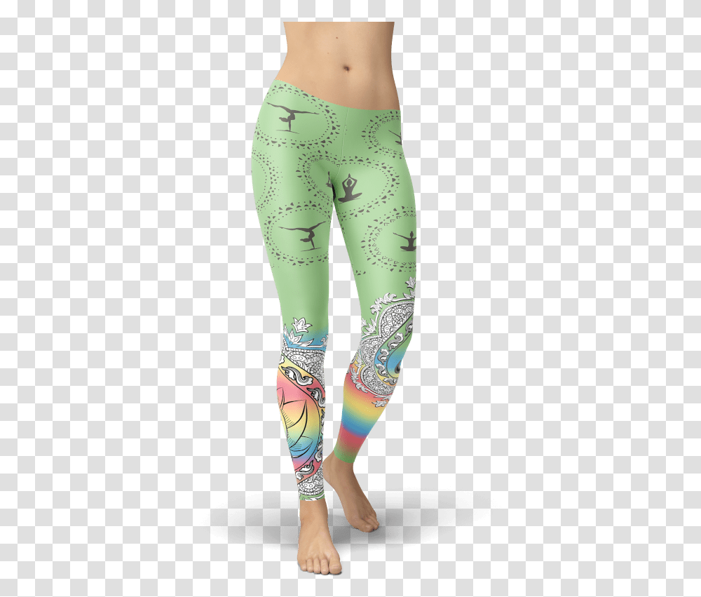 Yoga Poses Leggings Green With Rainbow Pattern Gym Leggings, Pants, Apparel, Tights Transparent Png