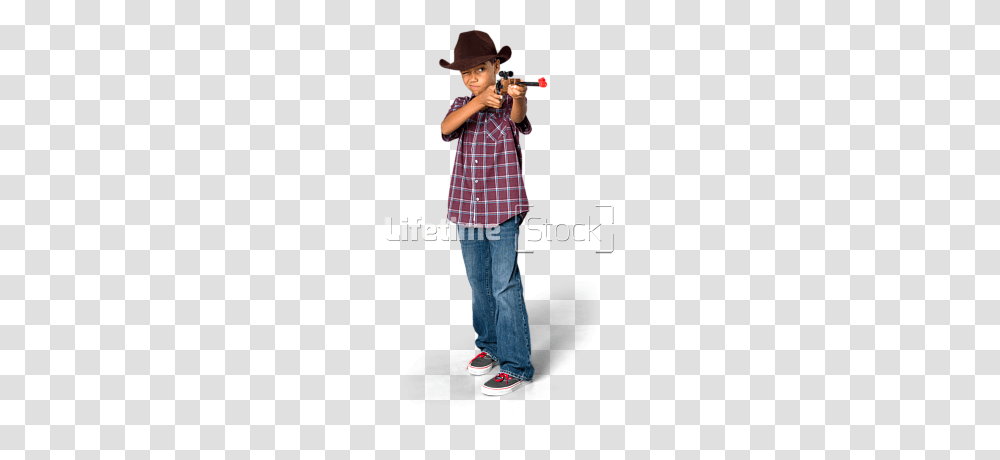 Young African American Boy With A Toy Rifle And Cowboy Hat, Pants, Person, Standing Transparent Png