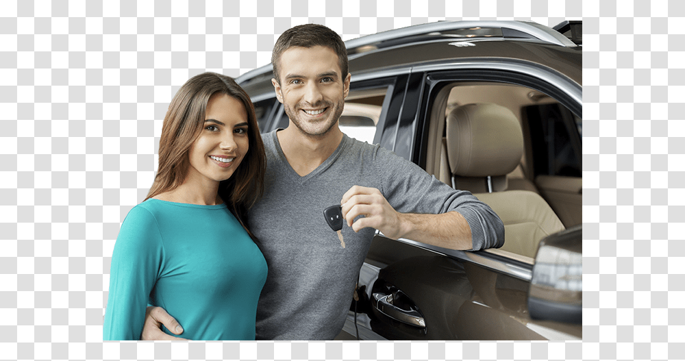 Young Couple With Car And Key Man Car Key, Person, Vehicle, Transportation, Cushion Transparent Png