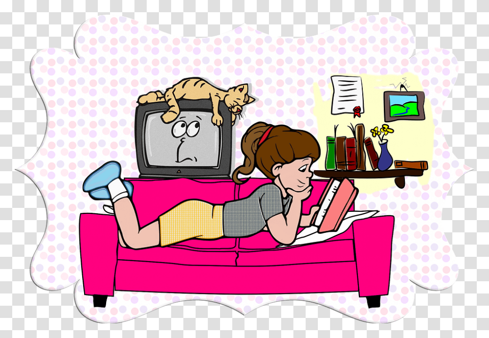 Young Girl Child Sofa Cat Pet Reading Books Girl, Dating, Video Gaming, Sitting, Cushion Transparent Png