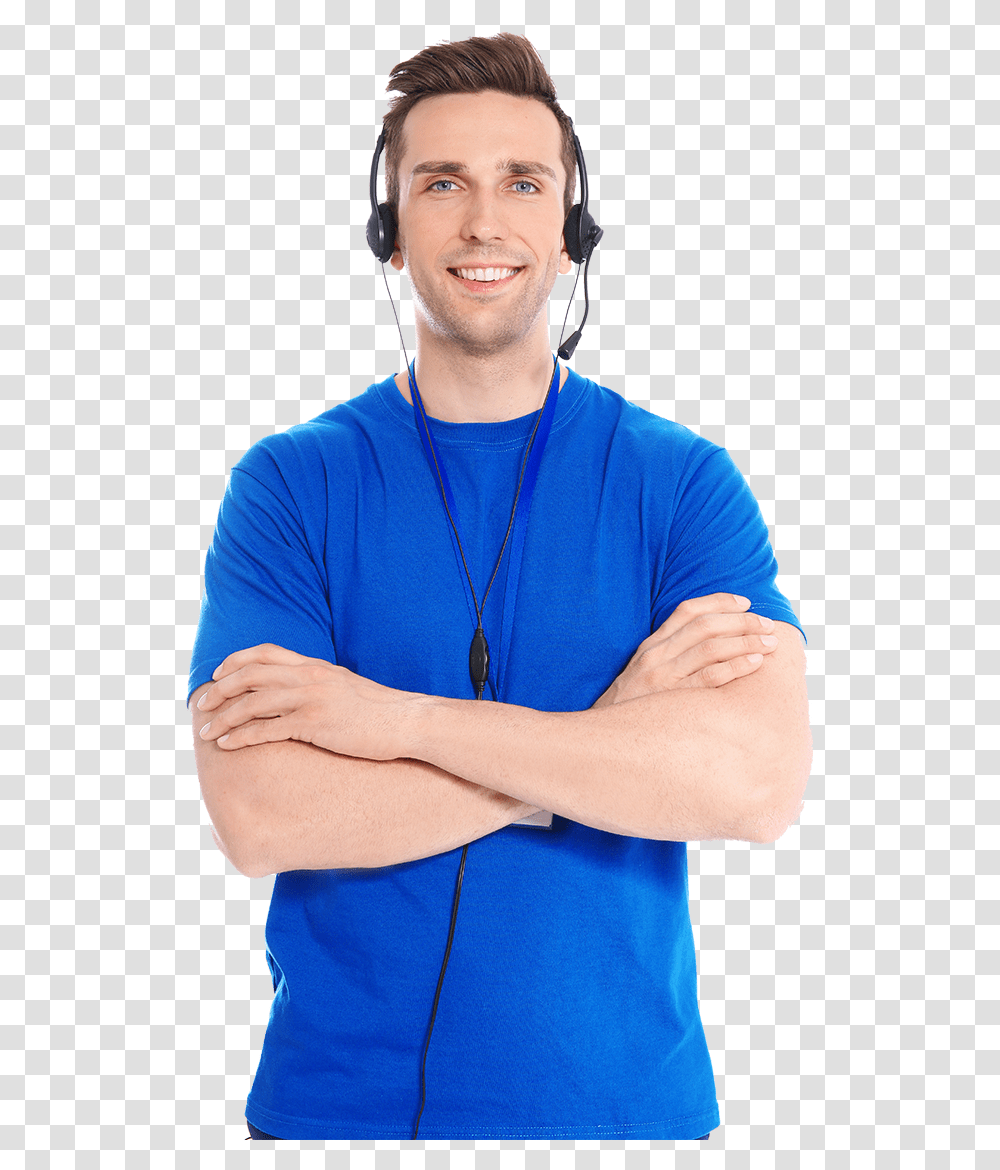 Young Man With Headset Phone On Standing With Arms Multipurpose Health Workers Male, Person, Human, Pendant, Sleeve Transparent Png