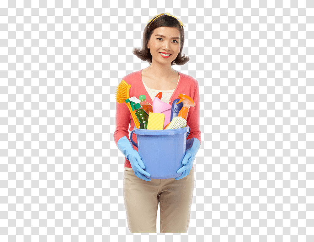 Young Woman Holding Blue Bucket With Both Hands Hands Holding A Bucket, Person, Human, Cleaning Transparent Png