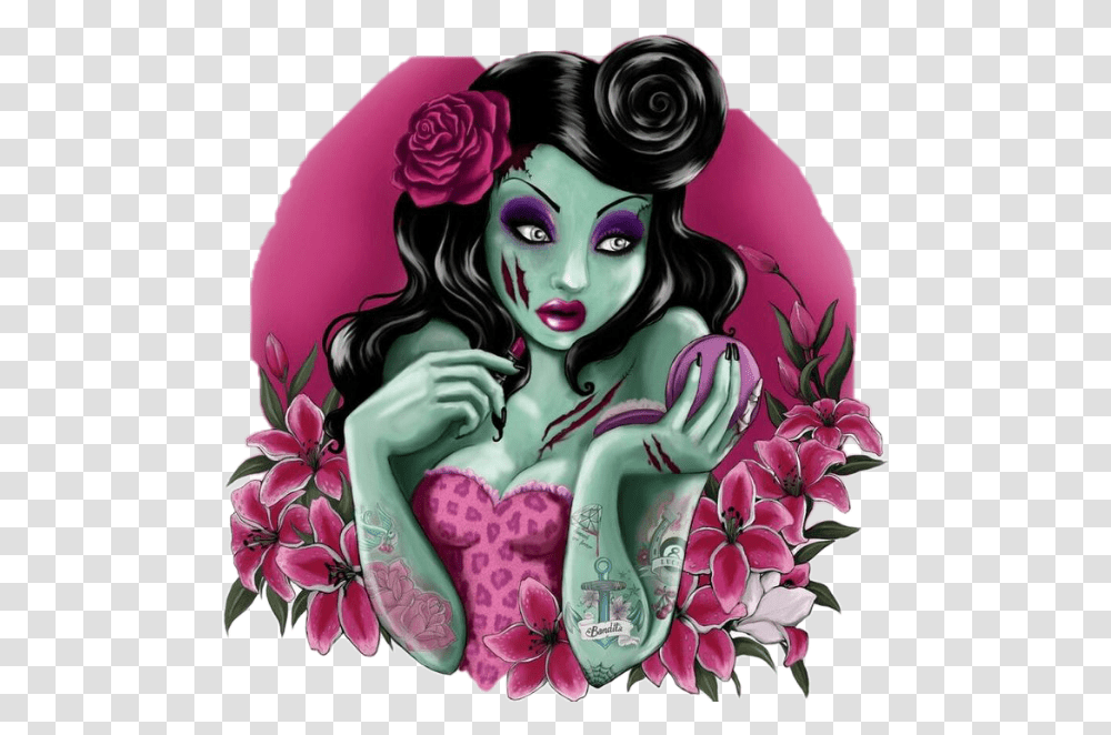 Zombiegirl Tattoos Tattooedgirl Tattooed Pin Up Rockabilly Cartoon, Floral Design, Pattern, Performer Transparent Png
